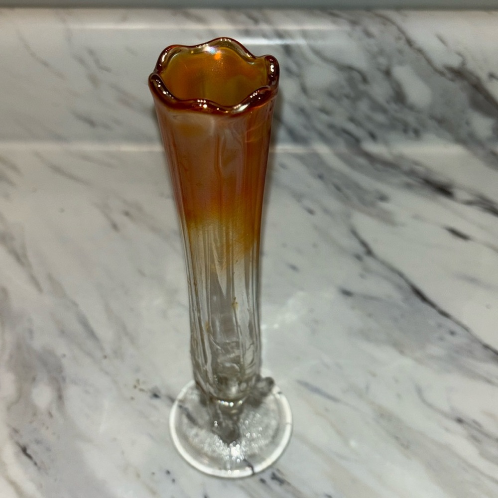 Vintage Dugan carnival glass bud vase marigold three twig